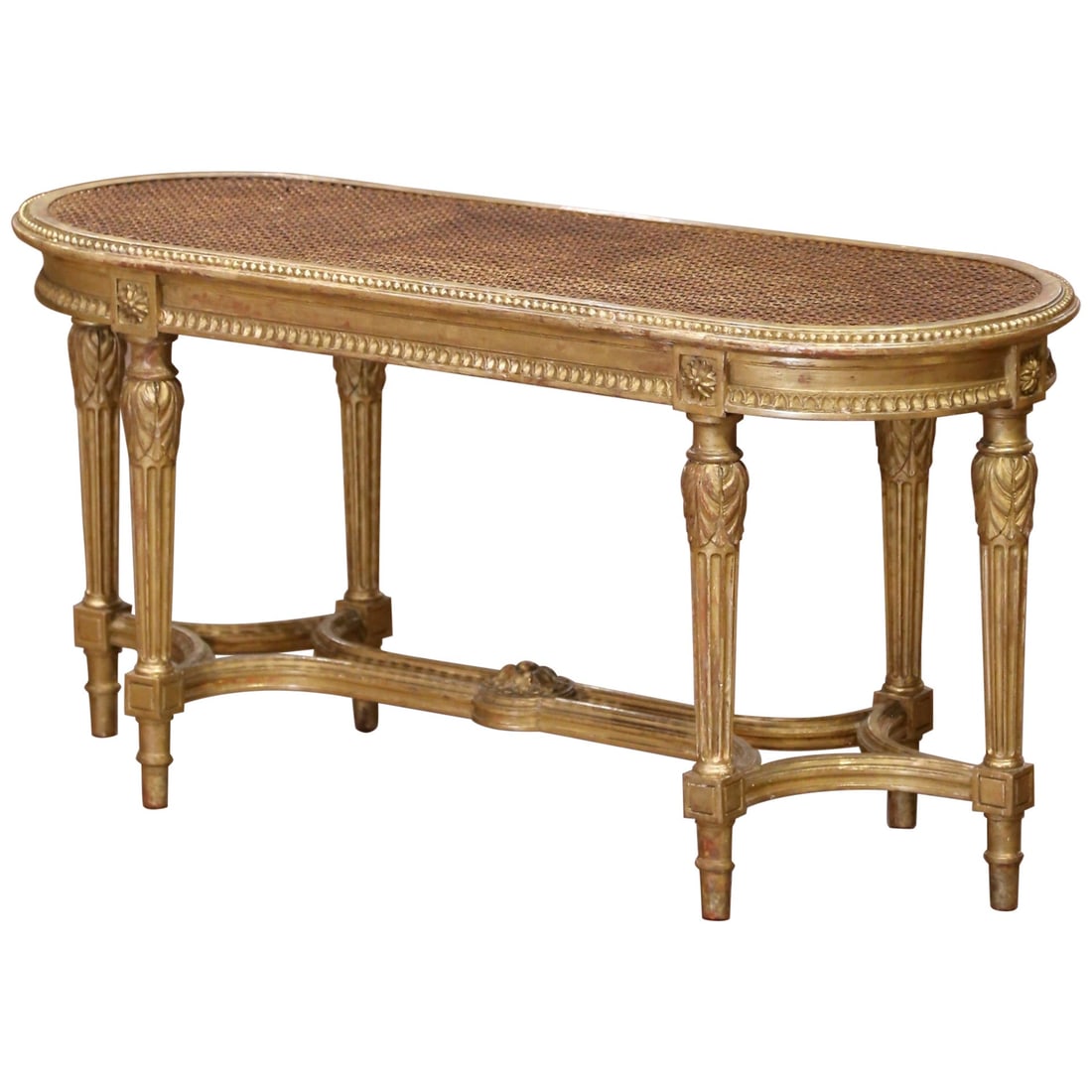 Antique French Louis XVI Giltwood Caned Bench circa 1920: Antique French Louis XVI Giltwood Caned Bench circa 1920 This exquisite Early 20th Century French Louis XVI bench showcases refined craftsmanship and elegance. Crafted circa 1920, the bench features h