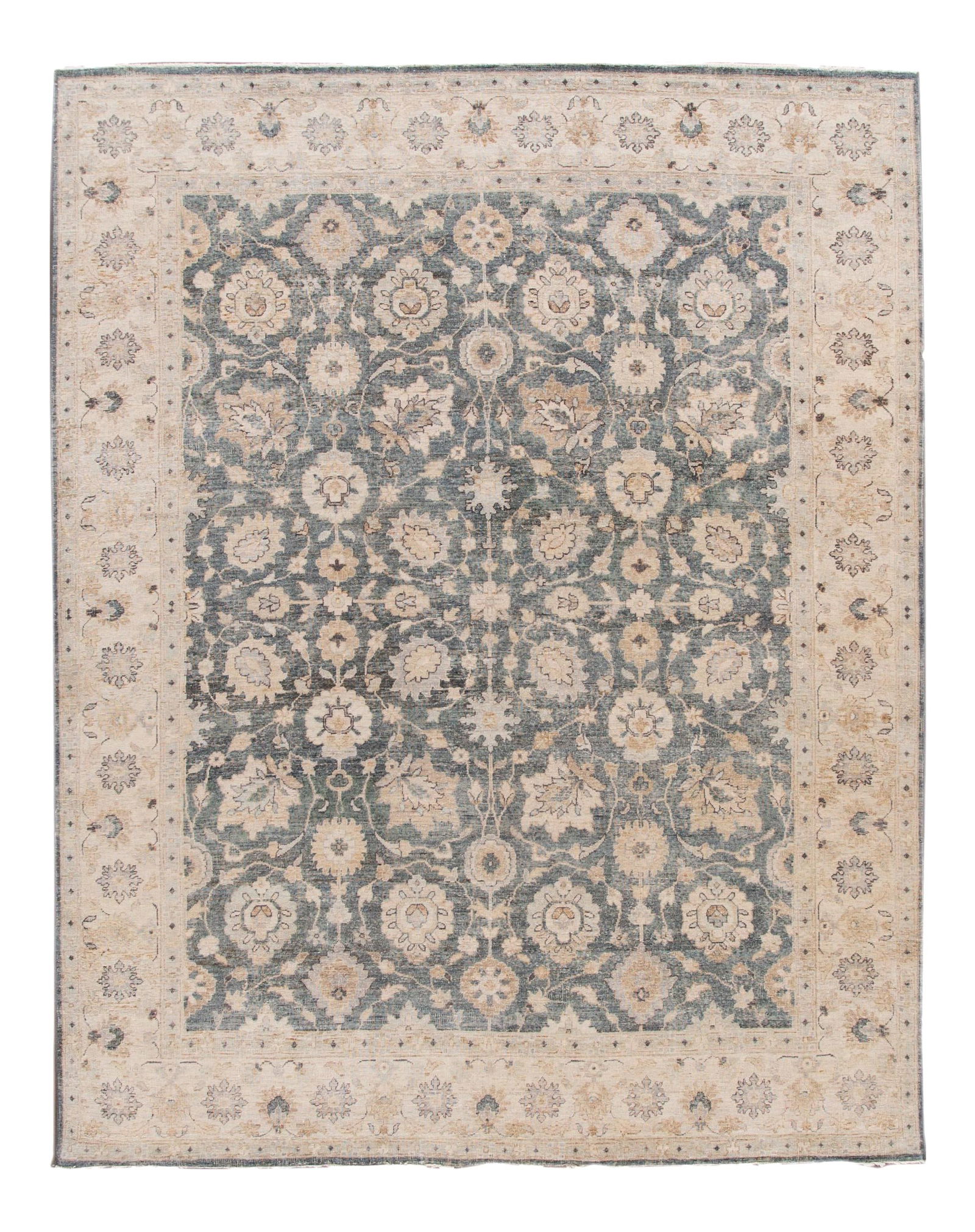 Hand-Knotted Blue Wool Rug with Floral Design 8' x 10'5": Hand-Knotted Blue Wool Rug with Floral Design 8' x 10'5" Elevate your space with this stunning hand-knotted contemporary Indian wool rug. Featuring a striking blue field complemented by a tan border a