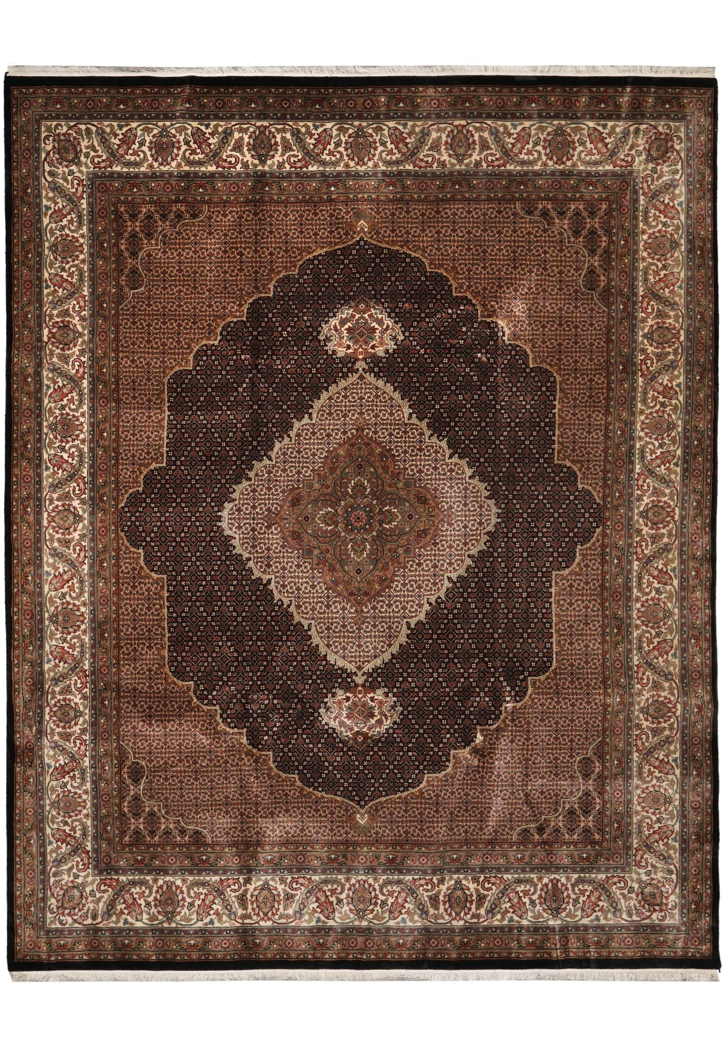 8.2 x 10.1 Black Mahi Tabriz Handmade Wool Silk Area Rug: 8.2 x 10.1 Black Mahi Tabriz Handmade Wool Silk Area Rug Free continental US Shipping This handmade Tabriz area rug features the classic Mahi (Herati) pattern, renowned for its intricate floral and fi