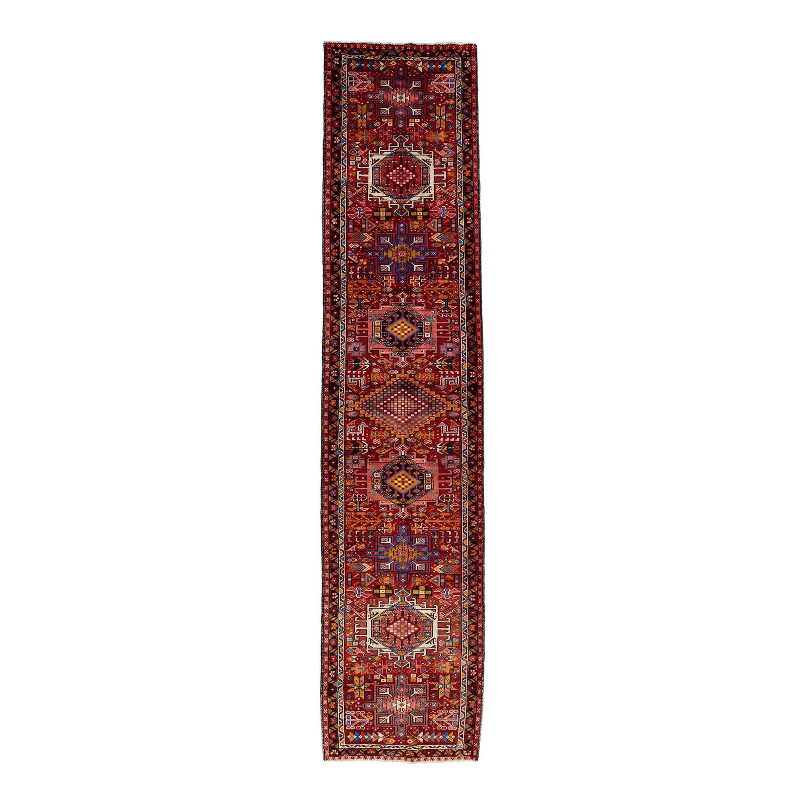 Vintage Persian Heriz Handmade Wool Runner Red Medallion 2'10 x 12'5: Vintage Persian Heriz Handmade Wool Runner Red Medallion 2'10 x 12'5 This exquisite vintage Persian Heriz runner showcases the artistry of hand-knotting in rich red wool. The design features an all-ov