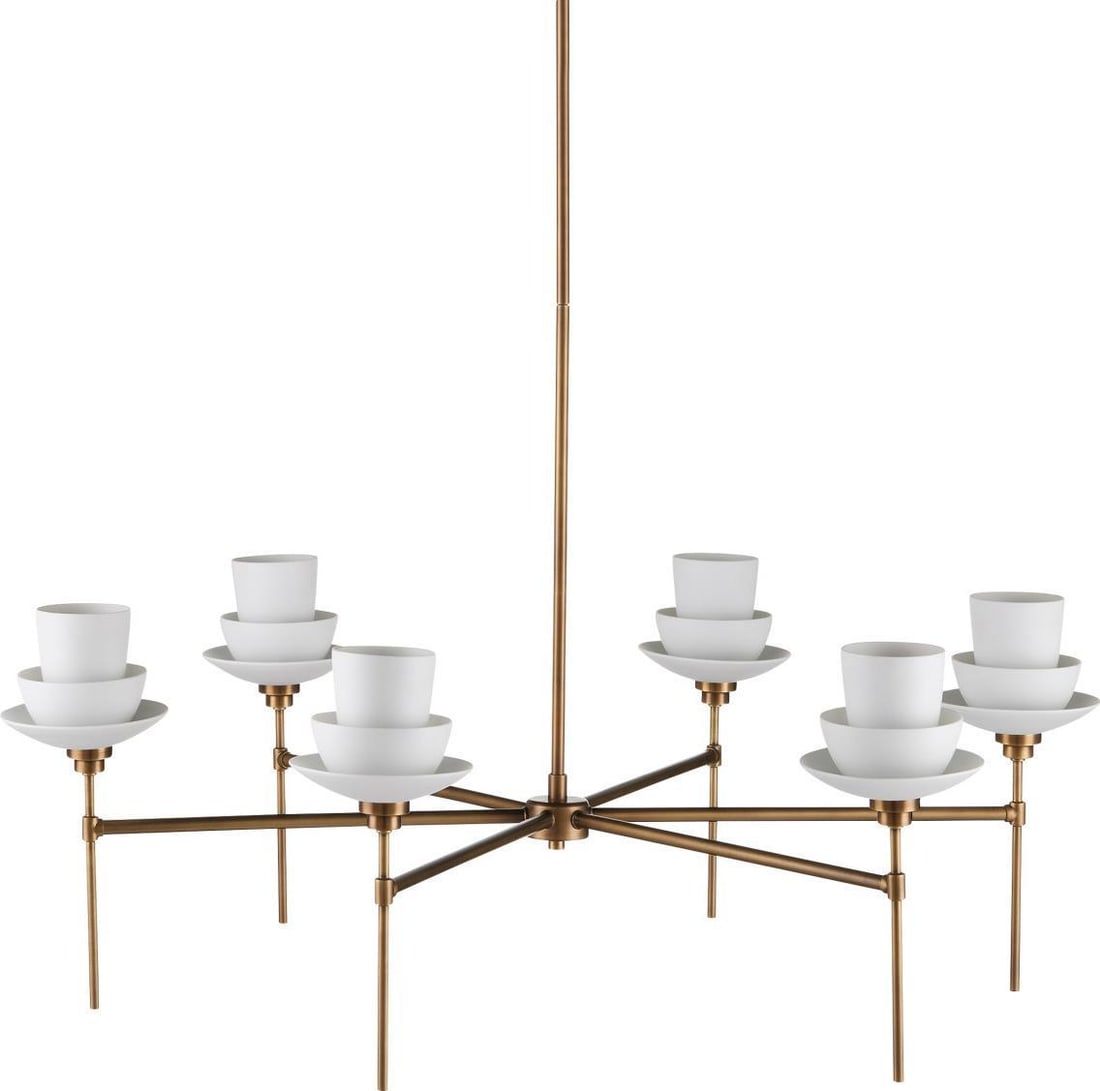 Currey Etiquette Brass Chandelier Adjustable Height 21.5H 40.5W 40.5D: Currey Etiquette Brass Chandelier Adjustable Height 21.5H 40.5W 40.5D Illuminate your space with this elegant bowl chandelier, crafted in a vintage style with an antique brass finish. This stunning pi