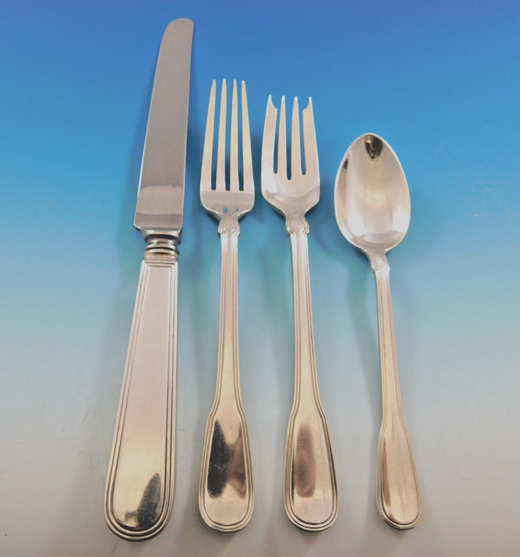 Tiffany Hamilton Sterling Silver Flatware Set 34 pcs for 8 Service: Tiffany Hamilton Sterling Silver Flatware Set 34 pcs for 8 Service This exquisite Hamilton flatware set by Tiffany & Co. features 34 pieces, designed for 8 service settings. The pattern, introduced ar
