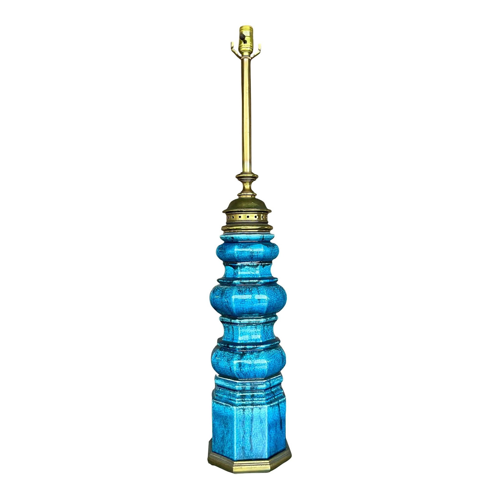 Stiffel Mid-Century Modern Cerulean Glazed Ceramic Lamp with Brass Details: Stiffel Mid-Century Modern Cerulean Glazed Ceramic Lamp with Brass Details Illuminate your space with this stunning vintage Mid-Century Modern table lamp, crafted by the renowned Stiffel group. Featur