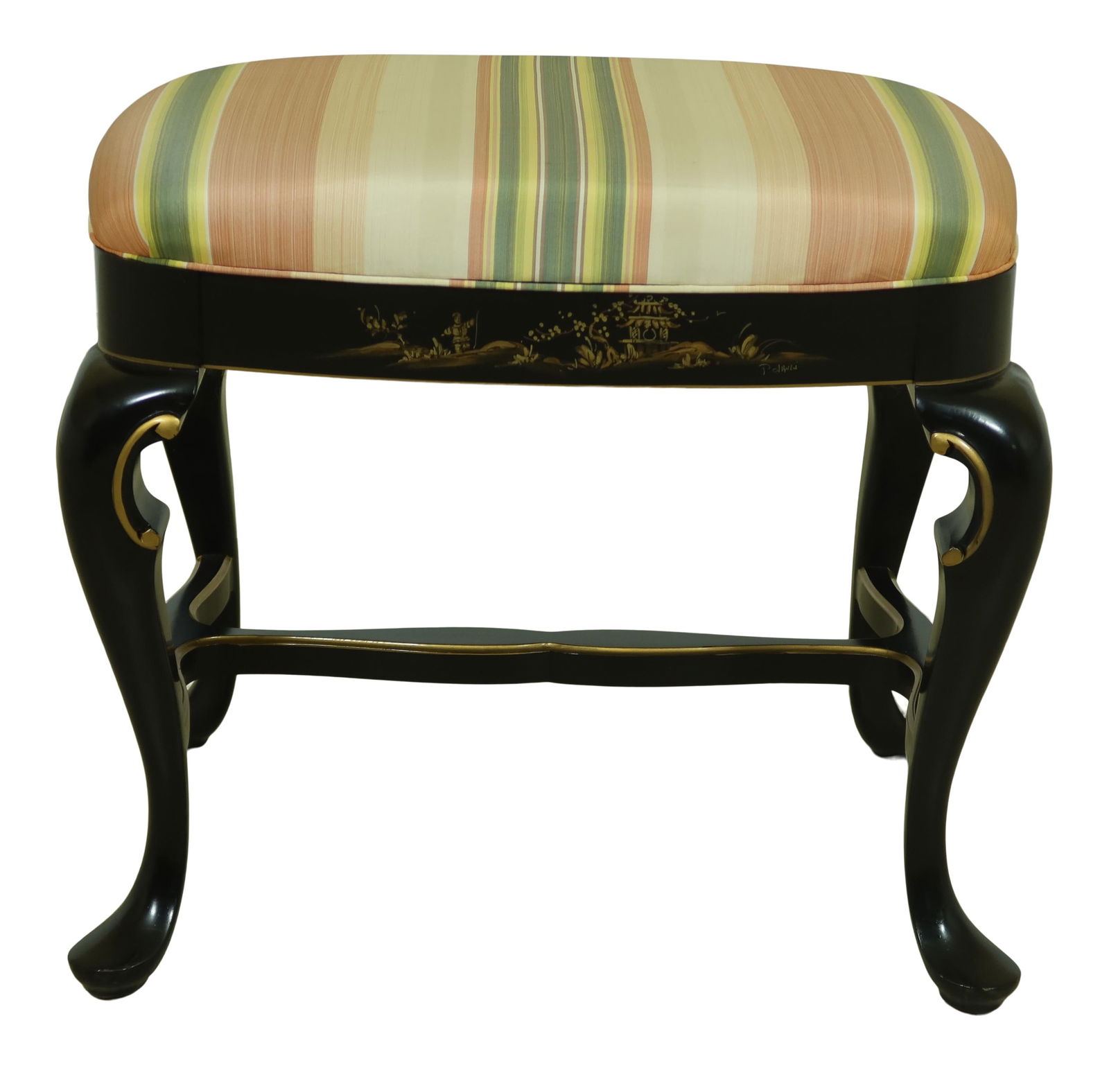 Elegant Chinoiserie Upholstered Ottoman with Queen Anne Legs: Elegant Chinoiserie Upholstered Ottoman with Queen Anne Legs This exquisite Chinoiserie painted upholstered ottoman features a classic design with Queen Anne legs and pad feet, making it a stylish add