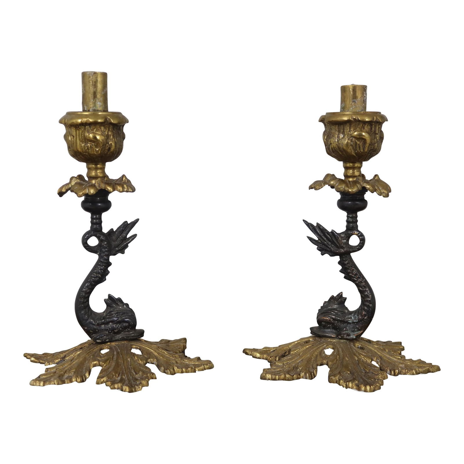 Elegant Neoclassical Dolphin Base Brass Candlesticks Pair: Elegant Neoclassical Dolphin Base Brass Candlesticks Pair This exquisite pair of Neoclassical candlesticks features a detailed dolphin base, crafted from high-quality brass and bronze. Approximately 3