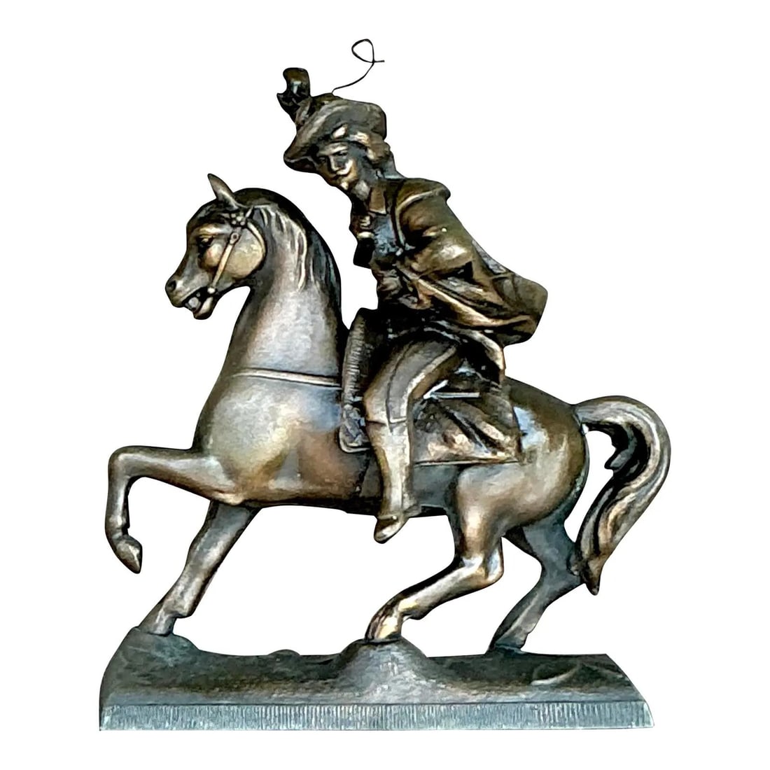 Vintage Regency Brass Sculpture of Rider on Rearing Horse: Vintage Regency Brass Sculpture of Rider on Rearing Horse This exquisite vintage brass sculpture from the Regency era features a dynamic rider mid-gallop on a rearing horse, showcasing remarkable atte