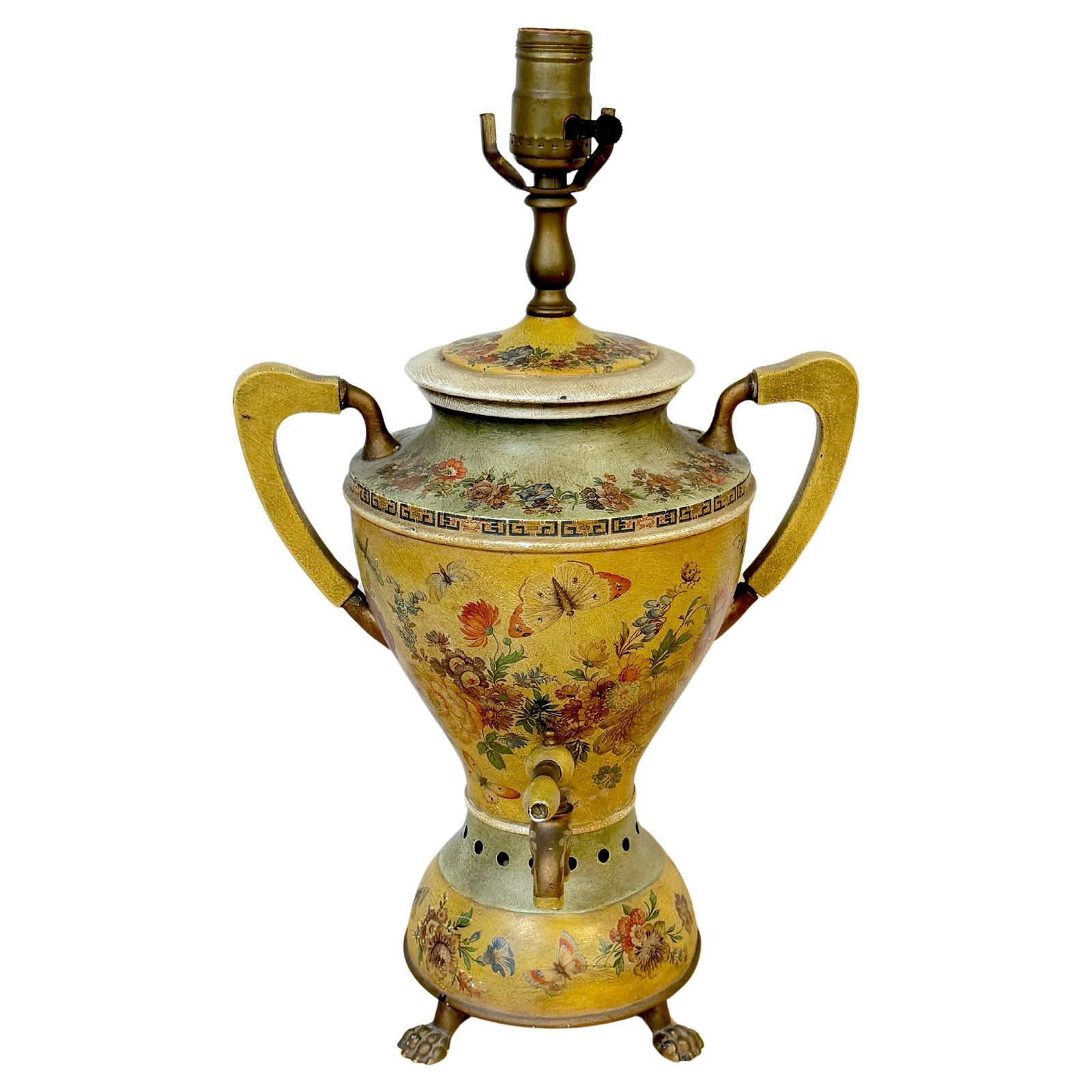 Antique Italian Tole Tea Samovar Lamp Early 20th Century: Antique Italian Tole Tea Samovar Lamp Early 20th Century This Antique Italian Polychromed Tole Tea Samovar, now converted into a lamp, is a remarkable blend of historical charm and modern functionalit