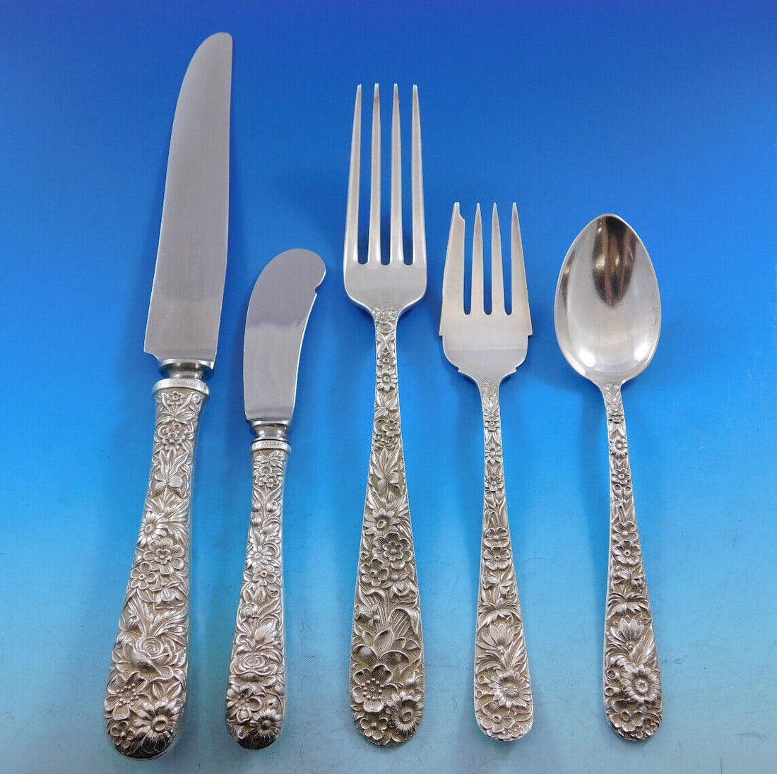 Kirk Repousse Sterling Silver Flatware Set for 8 - 53 Pieces with Storage Chest: Kirk Repousse Sterling Silver Flatware Set for 8 - 53 Pieces with Storage Chest Elevate your dining experience with this exquisite Sterling Silver Flatware Service for 8 by Kirk, featuring the elegant