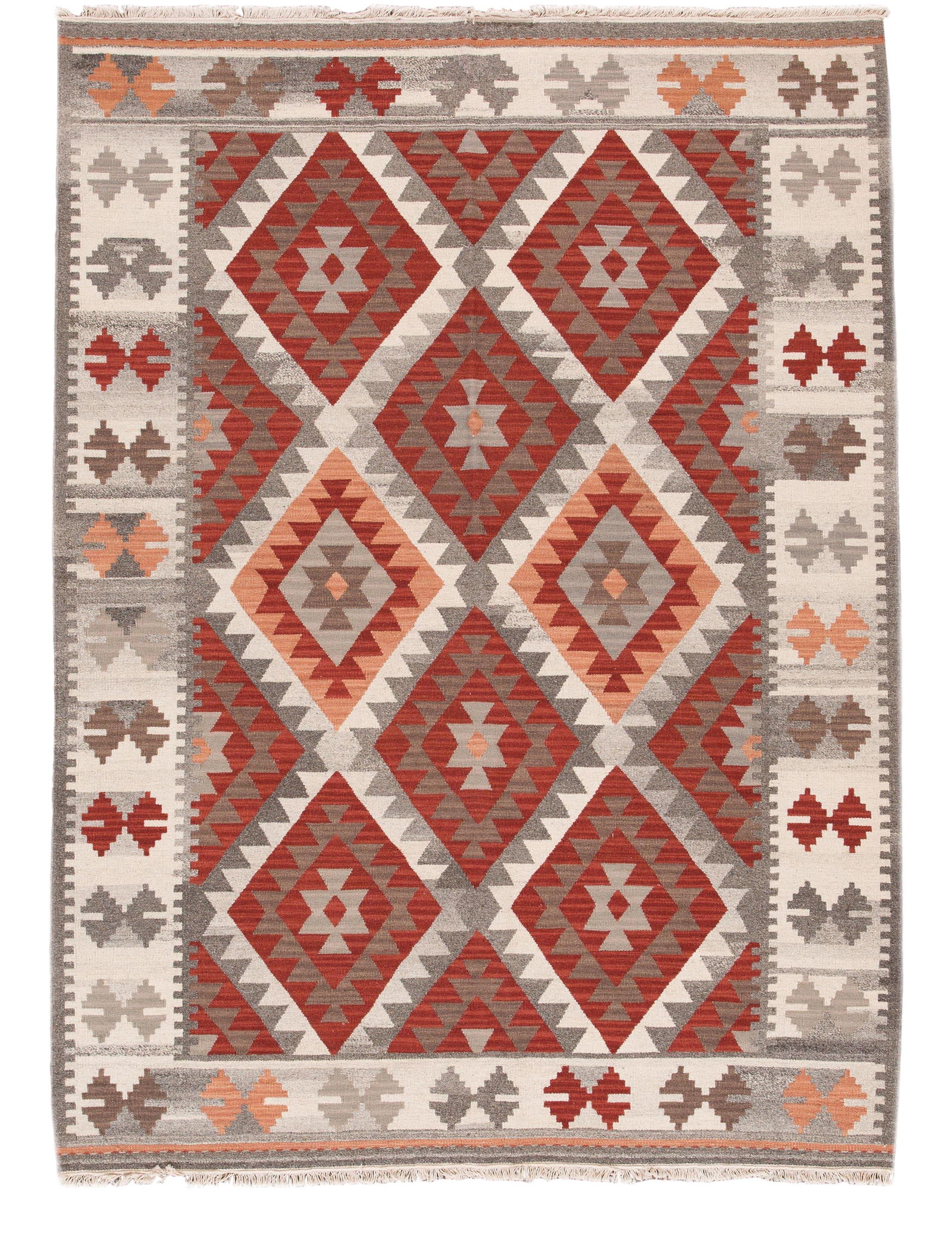 Handmade Wool Kilim Rug Red Gray Peach Geometric Design 5'10 x 8': Handmade Wool Kilim Rug Red Gray Peach Geometric Design 5'10 x 8' Enhance your living space with this stunning Modern Geometric Kilim Handmade Wool Rug. Crafted with care, this hand-knotted wool rug f