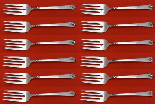 Royal Crest Castle Rose Sterling Silver Salad Fork Set 12 Pieces: Royal Crest Castle Rose Sterling Silver Salad Fork Set 12 Pieces Enhance your dining experience with this elegant 12-piece salad fork set from Royal Crest, featuring the exquisite Castle Rose pattern.