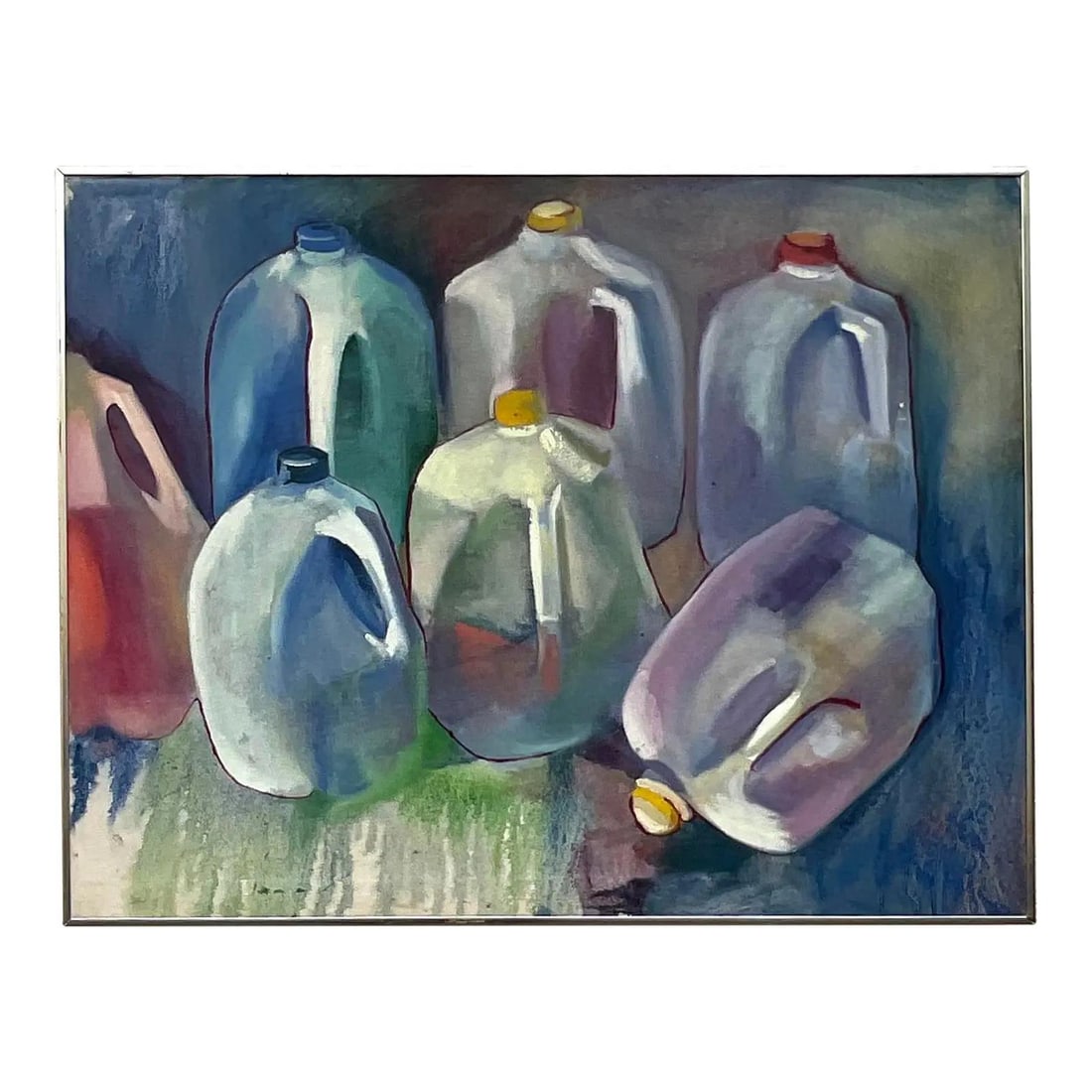 Signed Vintage Still Life Artwork Featuring Milk Gallons: Signed Vintage Still Life Artwork Featuring Milk Gallons This vintage still life painting features a whimsical arrangement of milk gallons depicted in soft, muted blue tones. The artist skillfully use