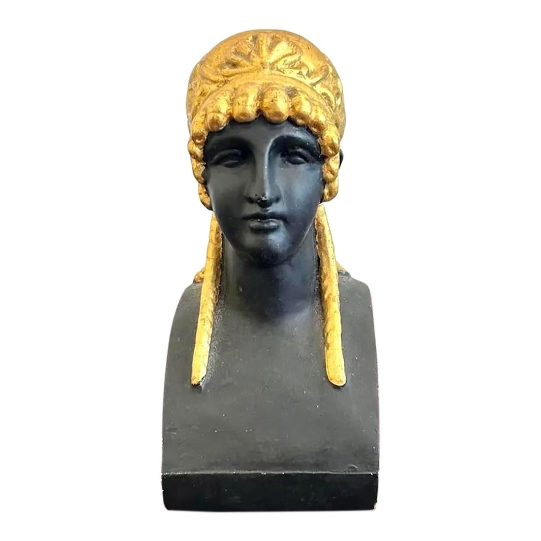 Neoclassical Plaster Bust Matte Black with Gold Accents: Neoclassical Plaster Bust Matte Black with Gold Accents This vintage neoclassical bust features a matte black finish with gilded accents, offering a sophisticated and timeless aesthetic. The figure's