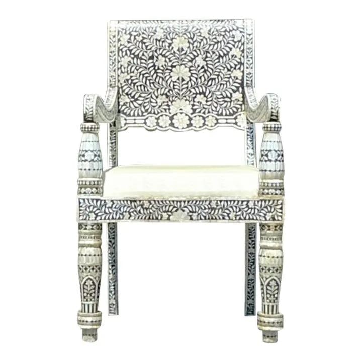 Vintage Boho Inlay Lounge Chair with Mother-of-Pearl Detailing: Vintage Boho Inlay Lounge Chair with Mother-of-Pearl Detailing Enhance your living space with this vintage boho inlay lounge arm chair. This chair showcases intricate inlay detailing, embodying a rela
