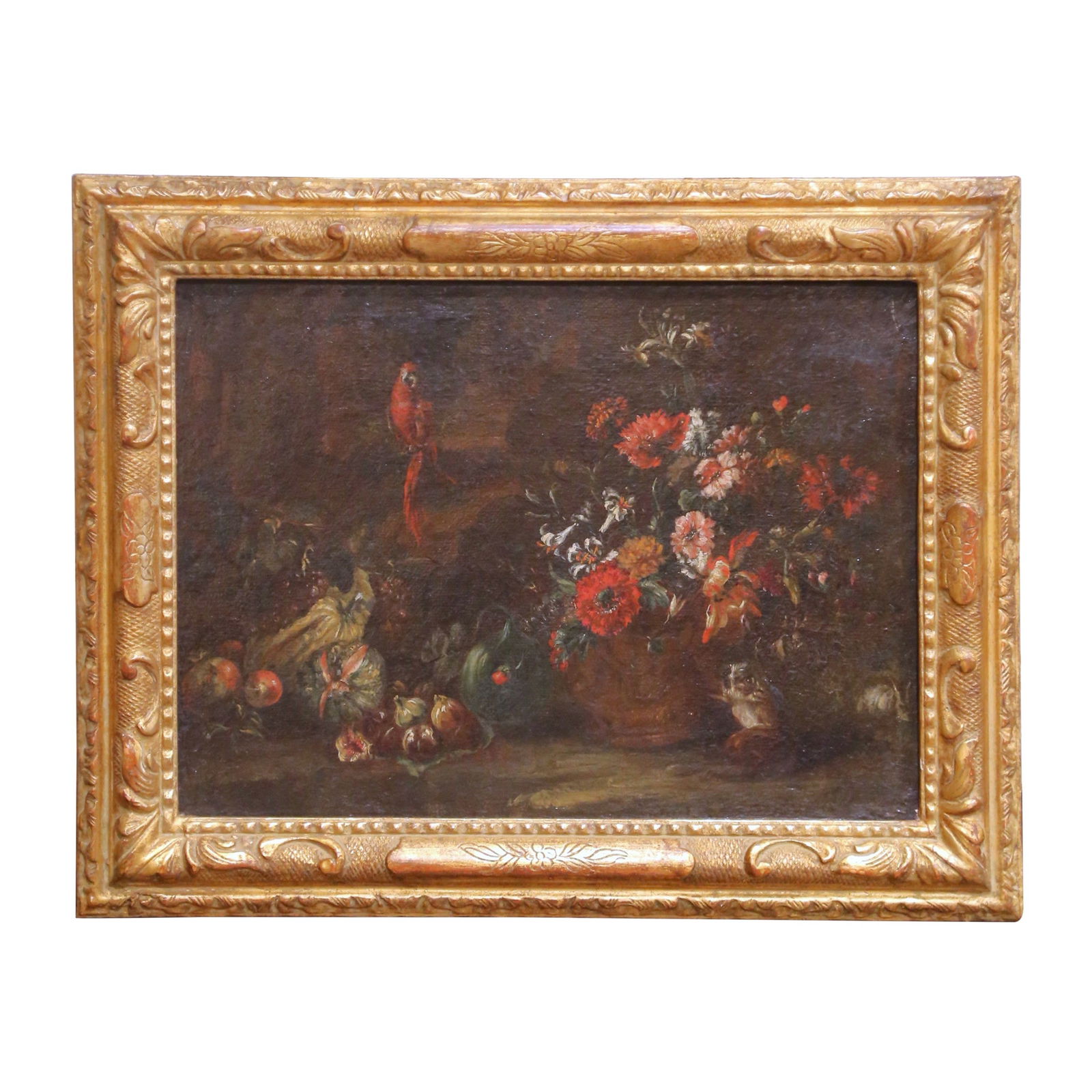 Flemish School Floral Still Life With Parrot Oil Painting Circa 1770: Flemish School Floral Still Life With Parrot Oil Painting Circa 1770 This mid-18th century Flemish School still life is an oil painting on canvas, created circa 1770 in Belgium. The artwork features a