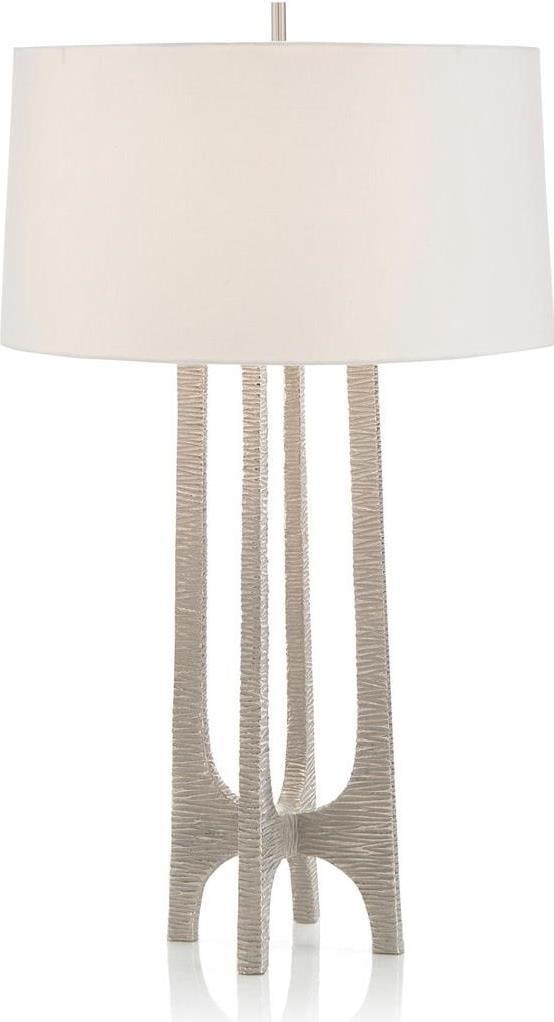John-Richard Textured Nickel Arc Table Lamp with Off-White Shade: John-Richard Textured Nickel Arc Table Lamp with Off-White Shade Enhance your living space with this elegant Textured Nickel Arc Table Lamp, designed in a classic vintage style. Standing at 31.50 inch