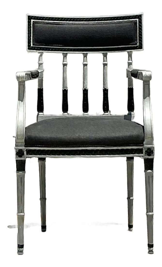 Vintage 19th Century Gustavian Arm Chair Grey Black Accents: Vintage 19th Century Gustavian Arm Chair Grey Black Accents Enhance your interior with this exquisite Vintage Regency 19th Century Gustavian Arm Chair, a stunning example of timeless European design a