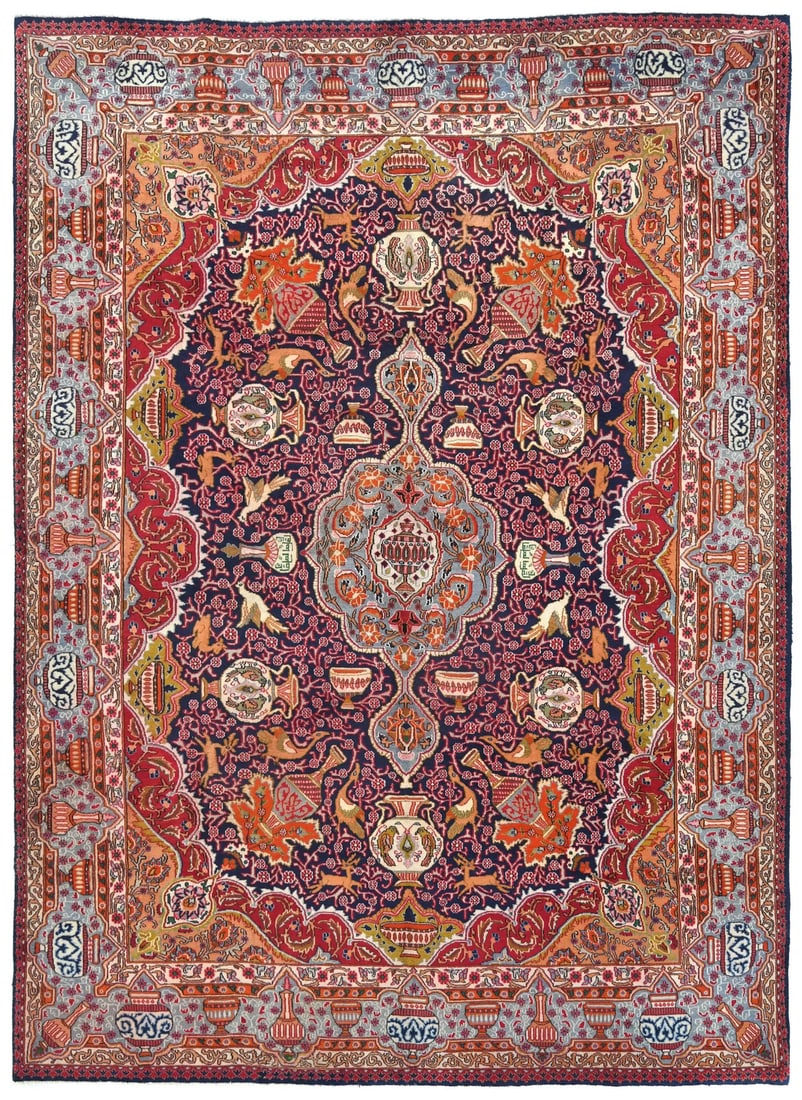Vintage Hand-Knotted Oriental Rug 9'5 x 12'4 Pictorial Wool Carpet: Vintage Hand-Knotted Oriental Rug 9'5 x 12'4 Pictorial Wool Carpet Enhance your living space with this exquisite hand-knotted vintage Oriental rug, measuring 9'5" x 12'4". This unique piece features a