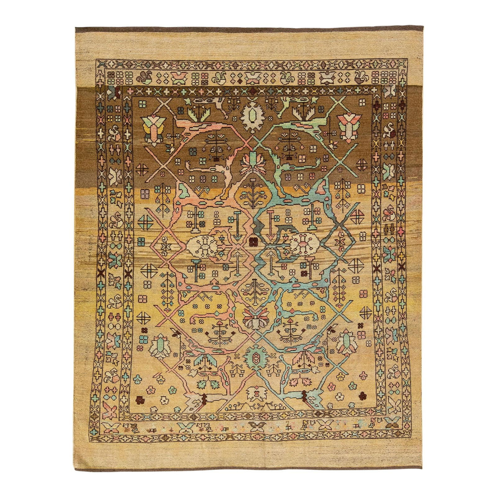 Handmade Mid-Century Modern Floral Yellow Wool Rug 7'7 x 9'6: Handmade Mid-Century Modern Floral Yellow Wool Rug 7'7 x 9'6 Elevate your space with this stunning Mid-Century Modern style handmade wool rug, inspired by 19th-century regional artisans. Featuring a v