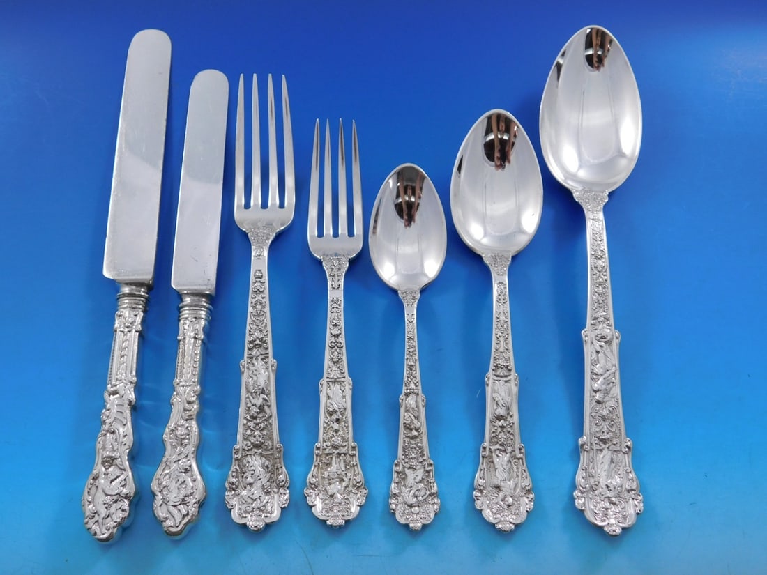 Gorham Coligni Sterling Silver Flatware Set 56 pcs Multi Motif in Fitted Chest: Gorham Coligni Sterling Silver Flatware Set 56 pcs Multi Motif in Fitted Chest Discover the elegance of the Coligni pattern by Gorham, a stunning sterling silver flatware set that beautifully combines