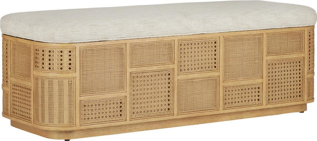 Currey Anisa Coastal Storage Bench Dunmeyer Parchment 54": Currey Anisa Coastal Storage Bench Dunmeyer Parchment 54" Experience the charm of coastal style with the Anisa Storage Bench. This versatile piece, crafted from Dunmeyer Parchment Oak Rattan, features