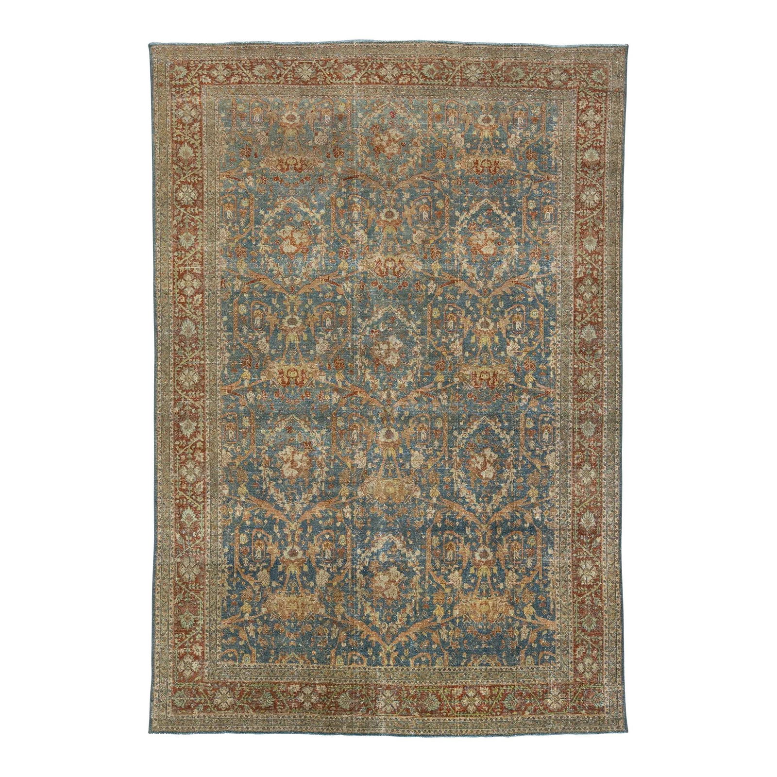 Antique Persian Tabriz Wool Rug 7' x 10'5" Blue Floral Design: Antique Persian Tabriz Wool Rug 7' x 10'5" Blue Floral Design Discover the beauty of this antique Persian Tabriz rug from the 1910s, showcasing a vibrant blue field adorned with a detailed floral patt