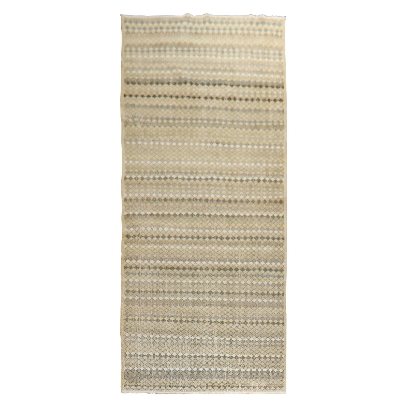 Vintage Hand-Knotted Turkish Deco Runner 53 x 136 Mid-Century Modern: Vintage Hand-Knotted Turkish Deco Runner 53 x 136 Mid-Century Modern Discover this stunning Neutral Turkish Deco Runner, an exquisite piece that embodies Mid-Century Modern style. Crafted from high-qu