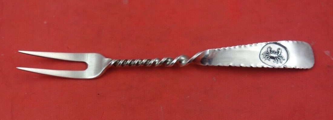 Gorham Hamburg Sterling Silver Cocktail Fork 2-Tine Crab 6 in: Gorham Hamburg Sterling Silver Cocktail Fork 2-Tine Crab 6 in This exquisite cocktail fork from the Hamburg pattern by Gorham features a unique 2-tine design adorned with a charming crab motif. Crafte