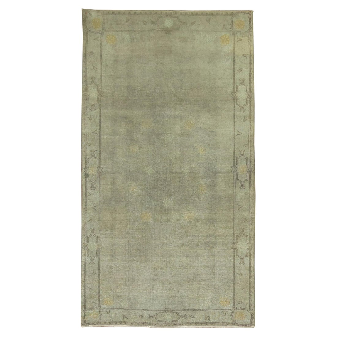 Zabihi Collection Vintage Gray Oushak Turkish Rug 44 x 78 Wool: Zabihi Collection Vintage Gray Oushak Turkish Rug 44 x 78 Wool Discover the elegance of the Zabihi Collection Vintage Gray Turkish Rug, a stunning midcentury Oushak design that features a predominantl
