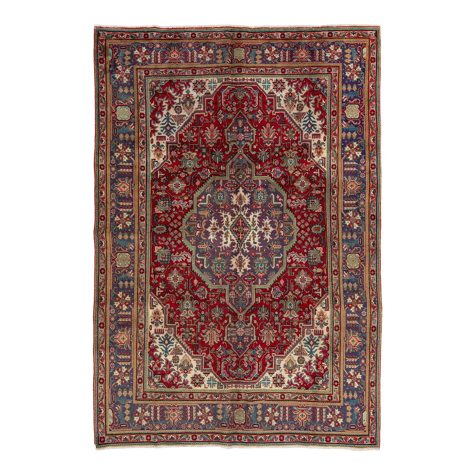 Vintage Tabriz Persian Wool Rug Red Medallion 6'8 x 9'9: Vintage Tabriz Persian Wool Rug Red Medallion 6'8 x 9'9 Enhance your space with this exquisite Vintage Persian Handmade Wool Rug, featuring a striking Tabriz design adorned with a medallion motif in r