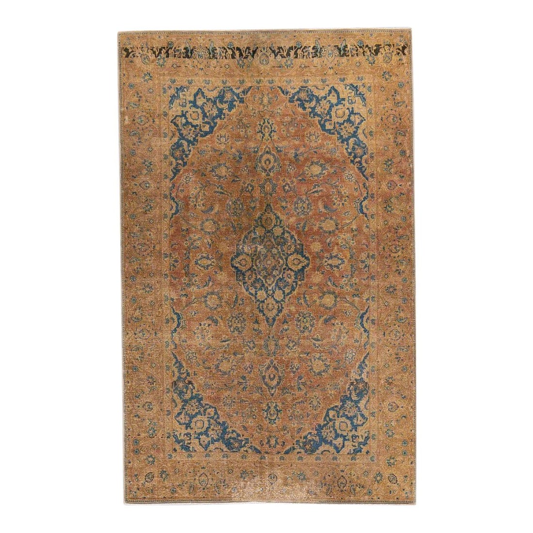 Vintage Persian Distressed Handmade Medallion Wool Rug 4'5" x 7'1" Tan: Vintage Persian Distressed Handmade Medallion Wool Rug 4'5" x 7'1" Tan Discover this stunning vintage Persian rug, expertly hand-knotted from high-quality wool. Featuring a warm tan color field comple
