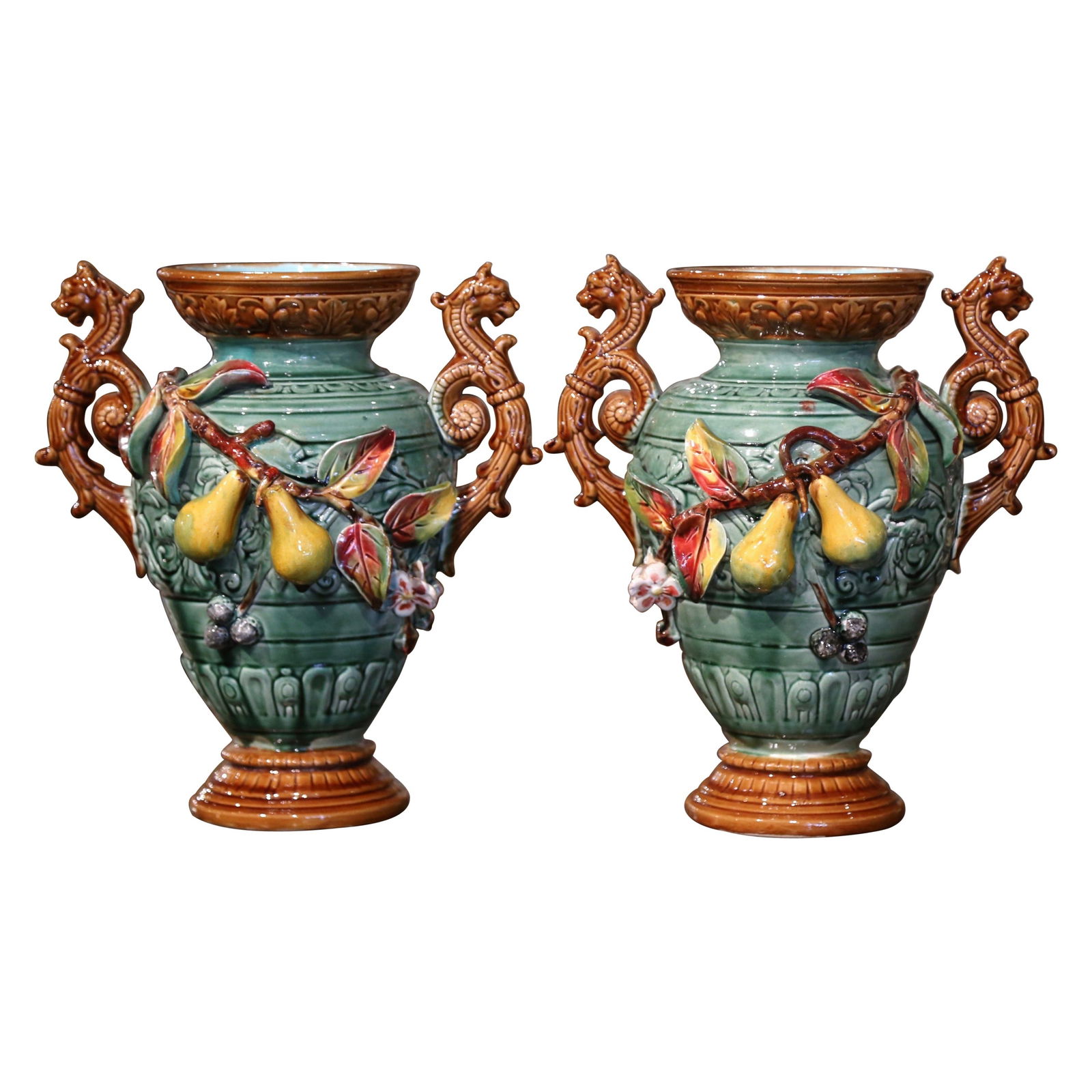 Set of 2 Antique 19th Century French Hand Painted Barbotine Vases: Set of 2 Antique 19th Century French Hand Painted Barbotine Vases Enhance your decor with this exquisite pair of 19th Century French Hand Painted Barbotine Vases. Each vase stands 12 inches tall and f
