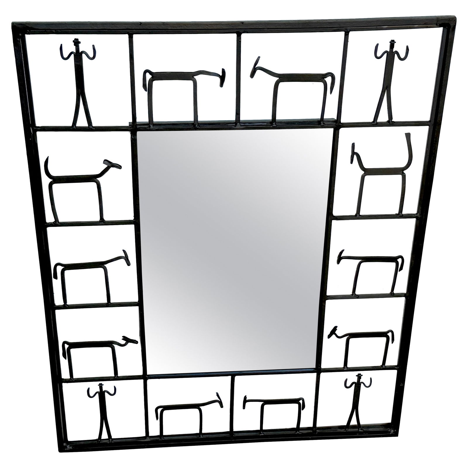 Modern Figural Iron Wall Mirror by Frederick Weinberg American Mid Century Design: Modern Figural Iron Wall Mirror by Frederick Weinberg American Mid Century Design This mid-20th century wall mirror, designed by Frederick Weinberg, features a sculptural frame crafted from blackened