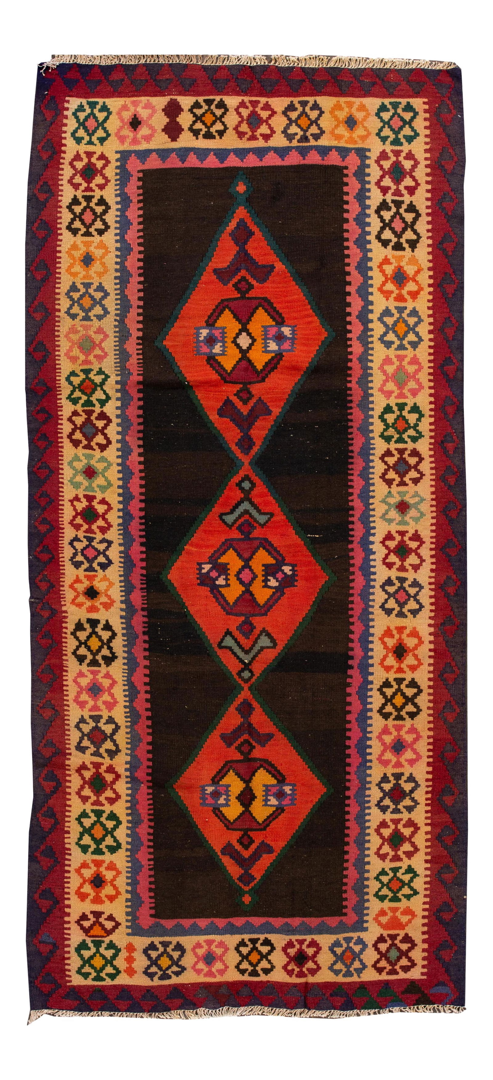 Hand-Woven Vintage Kilim Runner Rug Brown 4'4 x 9'2 Wool: Hand-Woven Vintage Kilim Runner Rug Brown 4'4 x 9'2 Wool Enhance your space with this stunning mid-20th century vintage Kilim runner rug, expertly hand-woven and featuring a rich brown field adorned w