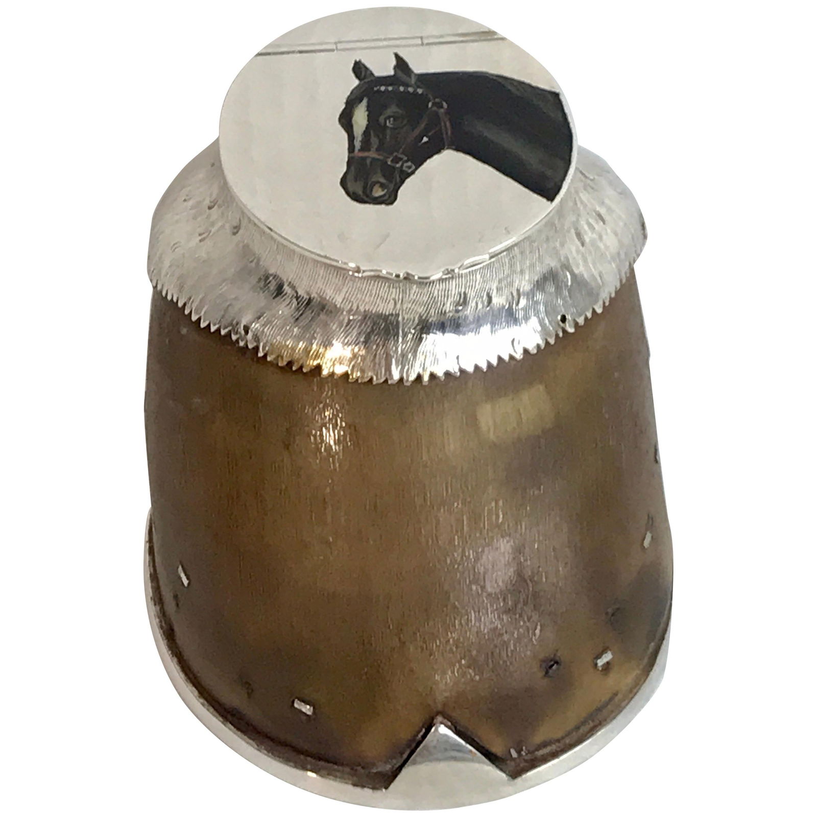 Victorian Equestrian Silverplate Enamel Inkwell by Elkington & Co: Victorian Equestrian Silverplate Enamel Inkwell by Elkington & Co This English Officers Equestrian inkwell is a remarkable piece of history, crafted in silver plate and adorned with enamel, dating bac