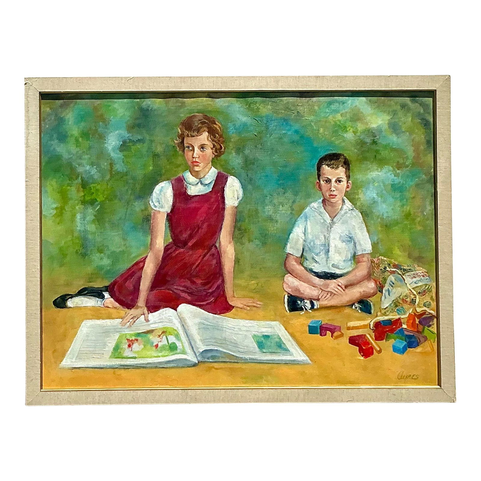 Vintage Regency Family Portrait Oil Painting on Canvas 51.25 x 39.25: Vintage Regency Family Portrait Oil Painting on Canvas 51.25 x 39.25 This charming vintage Regency-style oil painting on canvas showcases a detailed family portrait featuring two children. The artwork