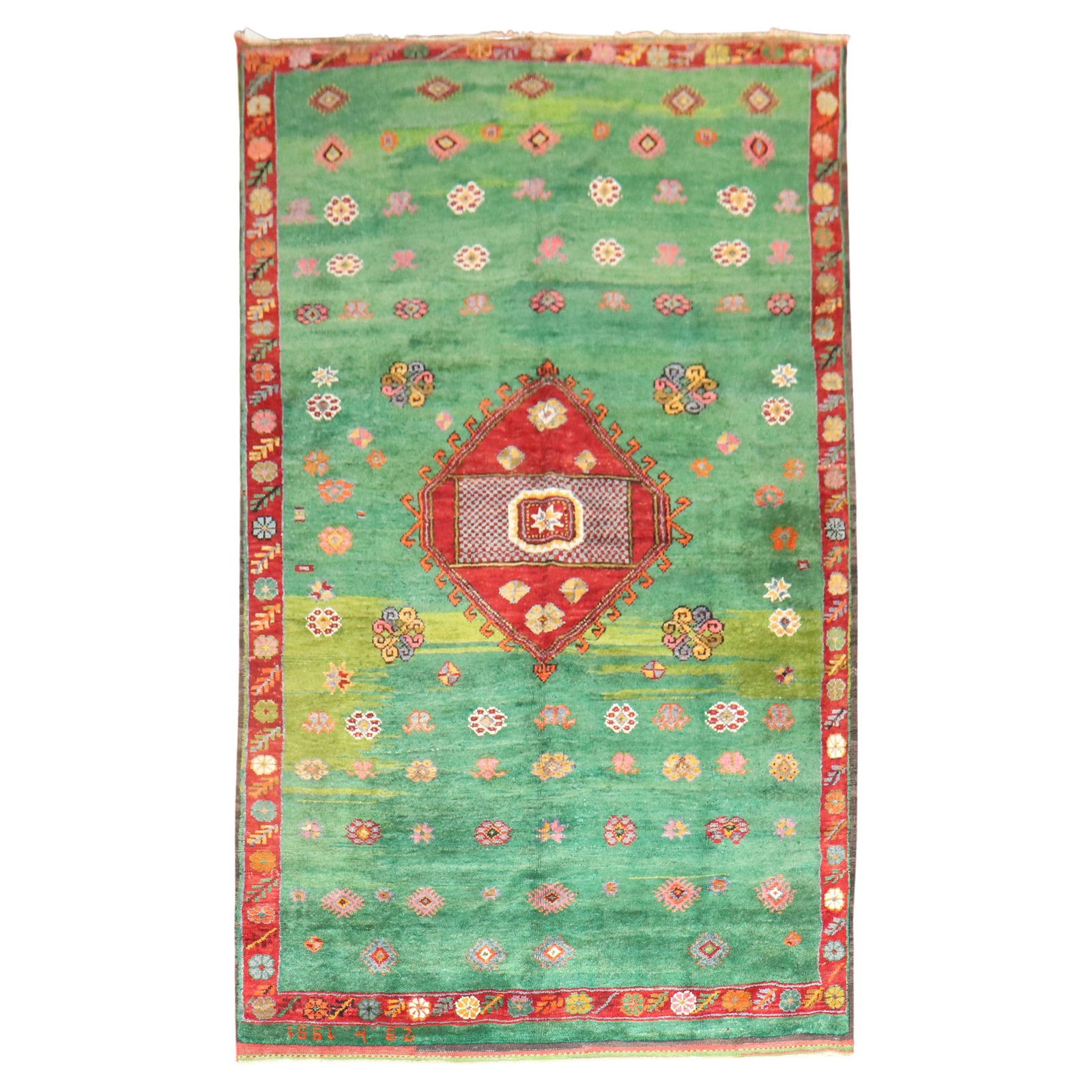 Bohemian Hand-Knotted Green Turkish Tulu Rug 83 x 153 Inches: Bohemian Hand-Knotted Green Turkish Tulu Rug 83 x 153 Inches Experience the charm of this mid-20th century Turkish Tulu rug, featuring a stunning floral design set against a striated green field. Hand