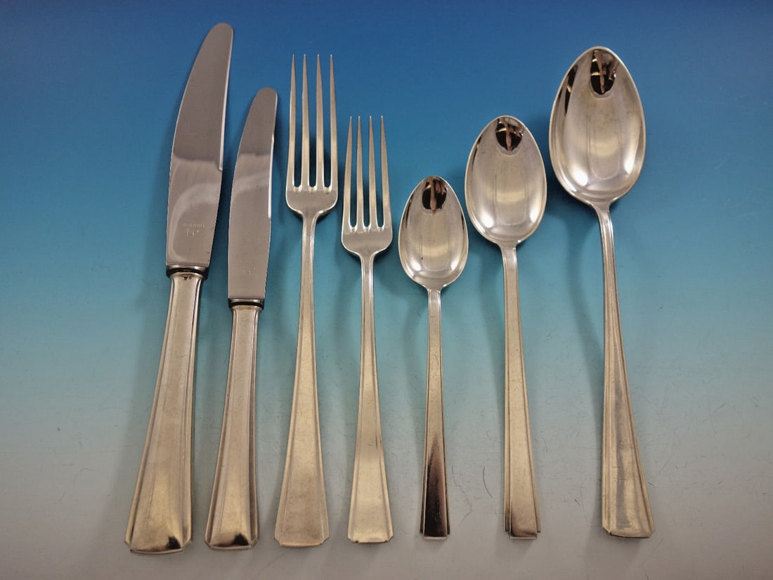 Yugoslavia 800 Silver Flatware Set for 12 84 pcs Modern Classic by Lunt: Yugoslavia 800 Silver Flatware Set for 12 84 pcs Modern Classic by Lunt Experience the elegance of dining with this exquisite Yugoslavia 800 Silver Flatware Service for 12. This post-1940 set features