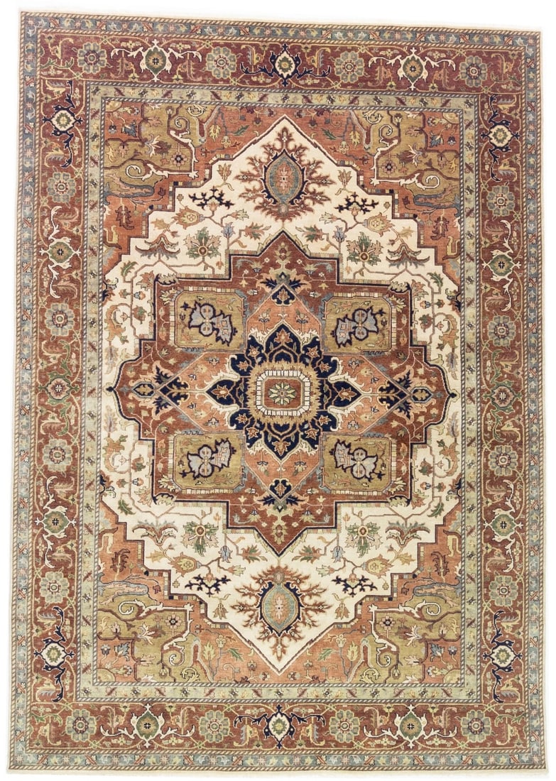 9'9 x 13'9 Wool Area Rug Hand-Knotted Heriz Serapi Style for Bedroom or Living Room: 9'9 x 13'9 Wool Area Rug Hand-Knotted Heriz Serapi Style for Bedroom or Living Room This extra large hand-knotted Heriz Serapi area rug features a geometric tribal pattern in cream, rust, dark navy, p