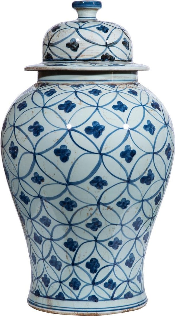 Hand-Crafted Blue White Ceramic Temple Jar 18H Chinoiserie Style: Hand-Crafted Blue White Ceramic Temple Jar 18H Chinoiserie Style Discover the beauty of this exquisite blue and white ceramic temple jar, hand-crafted in the elegant Chinoiserie style. This medium-sma