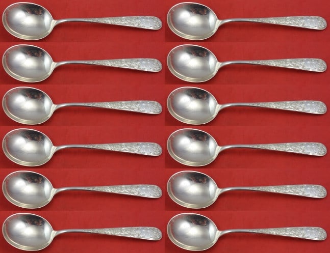 Kirk Sterling Silver Old Maryland Engraved Cream Soup Spoon Set of 12: Kirk Sterling Silver Old Maryland Engraved Cream Soup Spoon Set of 12 This exquisite set of 12 cream soup spoons features the elegant Old Maryland Engraved pattern, crafted by Kirk in sterling silver.
