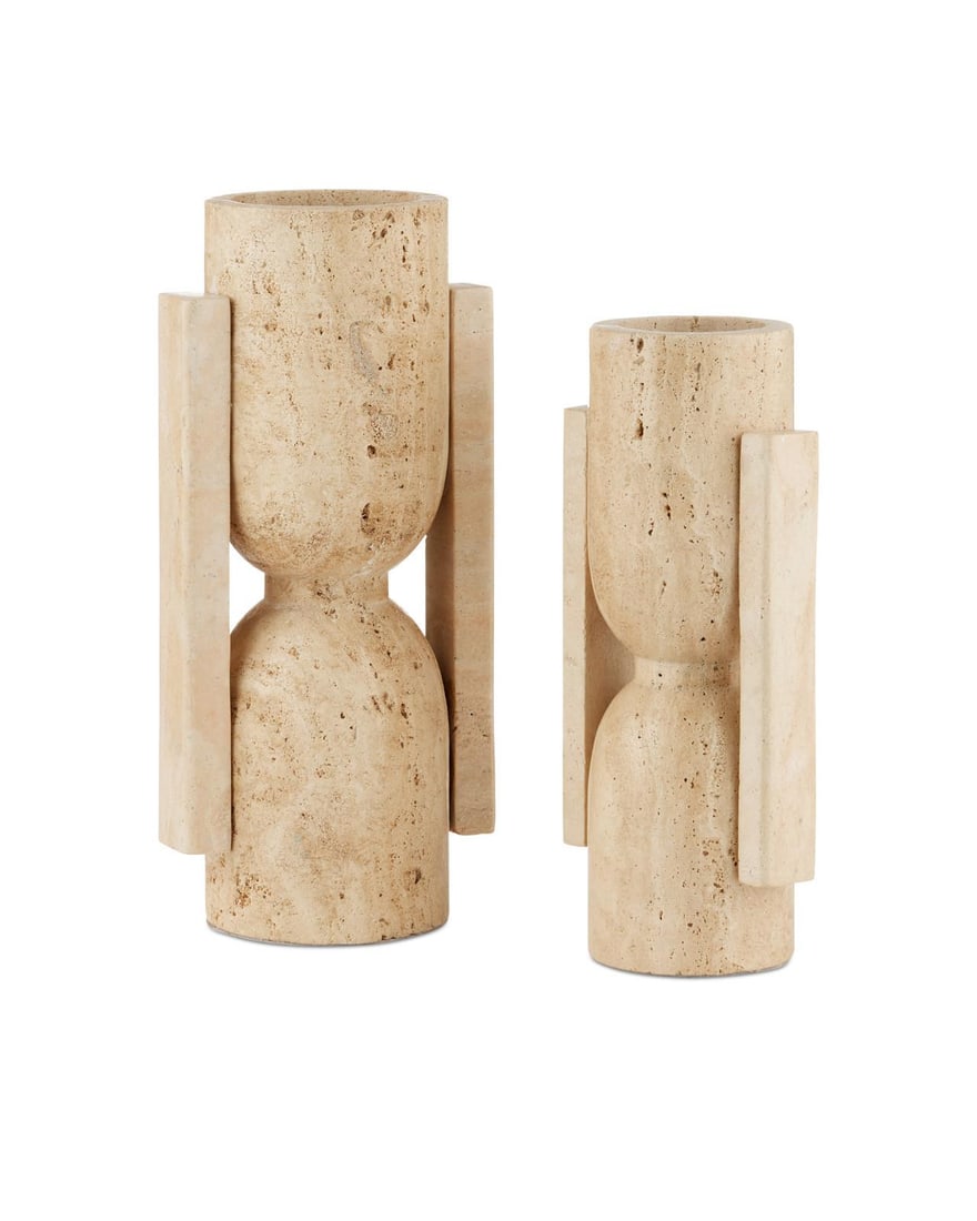 Currey Travertine Vase Set 10H 4.25W 3.25D New: Currey Travertine Vase Set 10H 4.25W 3.25D New Enhance your decor with the Timeless Travertine Vase Set, featuring two elegant stone vases crafted from high-quality travertine. The set includes a larg