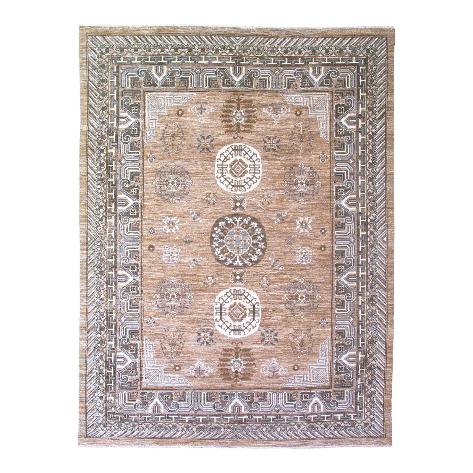 Modern Khotan Style Hand-Knotted Wool Rug 8'8" x 11'10" Brown: Modern Khotan Style Hand-Knotted Wool Rug 8'8" x 11'10" Brown Enhance your home decor with this exquisite hand-knotted Modern Khotan Style wool rug. Featuring a sophisticated design in rich brown, gra