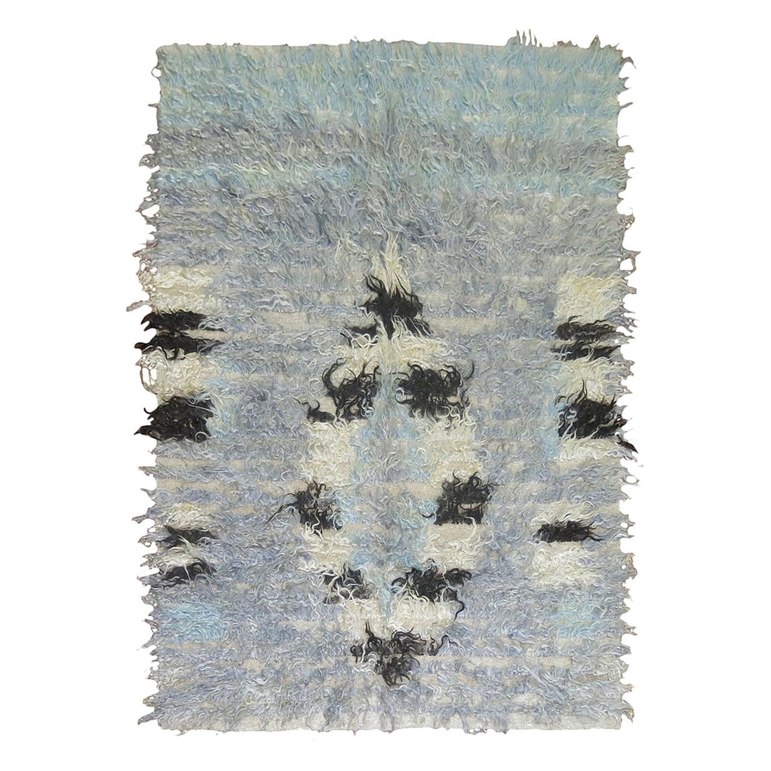 Midcentury Turkish Wool Tulu Shag Rug in Powder Blue 4'11" x 7': Midcentury Turkish Wool Tulu Shag Rug in Powder Blue 4'11" x 7' This vintage Turkish Tulu shag rug from the mid-20th century features a powder blue field with ivory, black, and aqua blue accents. Craf
