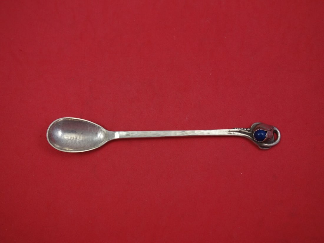 Evald Nielsen Blossom Sterling Silver Olive Spoon with Stone 6.25": Evald Nielsen Blossom Sterling Silver Olive Spoon with Stone 6.25" This exquisite olive spoon from the Blossom pattern by Evald Nielsen is crafted from high-quality sterling silver and features a stun