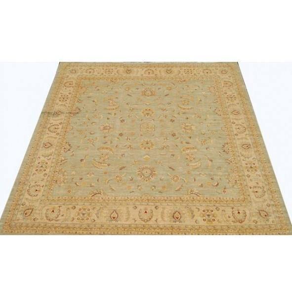 17.9 x 17.11 Square Chobi Peshawar Rug Handmade Wool Pastel Green: 17.9 x 17.11 Square Chobi Peshawar Rug Handmade Wool Pastel Green Free continental US Shipping Introducing a captivating square Chobi Peshawar Rug, handcrafted by skilled artisans in Peshawar, Pakista