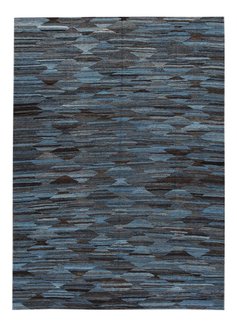 Modern Abstract Blue Wool Kilim Rug 8'10 x 12'5: Modern Abstract Blue Wool Kilim Rug 8'10 x 12'5 Enhance your living space with this stunning Modern Abstract Flatweave Wool Rug. Handcrafted in a traditional Kilim style, this beautiful rug features a