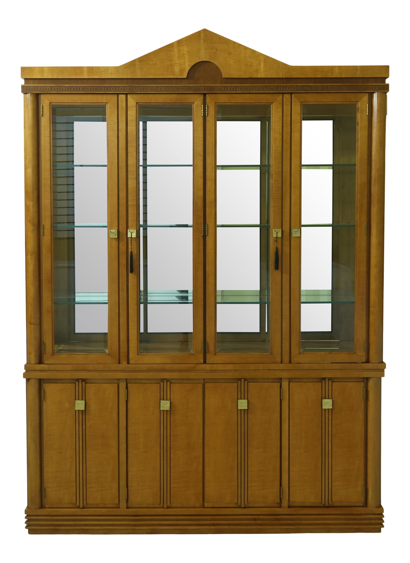 Hickory White Biedermeier Satinwood China Cabinet Lighted Interior: Hickory White Biedermeier Satinwood China Cabinet Lighted Interior This exquisite Biedermeier Style China Cabinet, crafted from satinwood, showcases a stunning design that is approximately 30 years ol