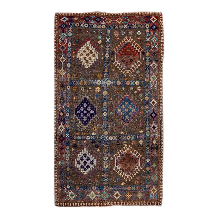 Vintage Handmade Brown Wool Rug with Blue Accents 3'4 x 6'1: Vintage Handmade Brown Wool Rug with Blue Accents 3'4 x 6'1 This beautiful vintage hand-knotted wool rug features a rich brown field adorned with blue accents across a geometric distressed design. Per