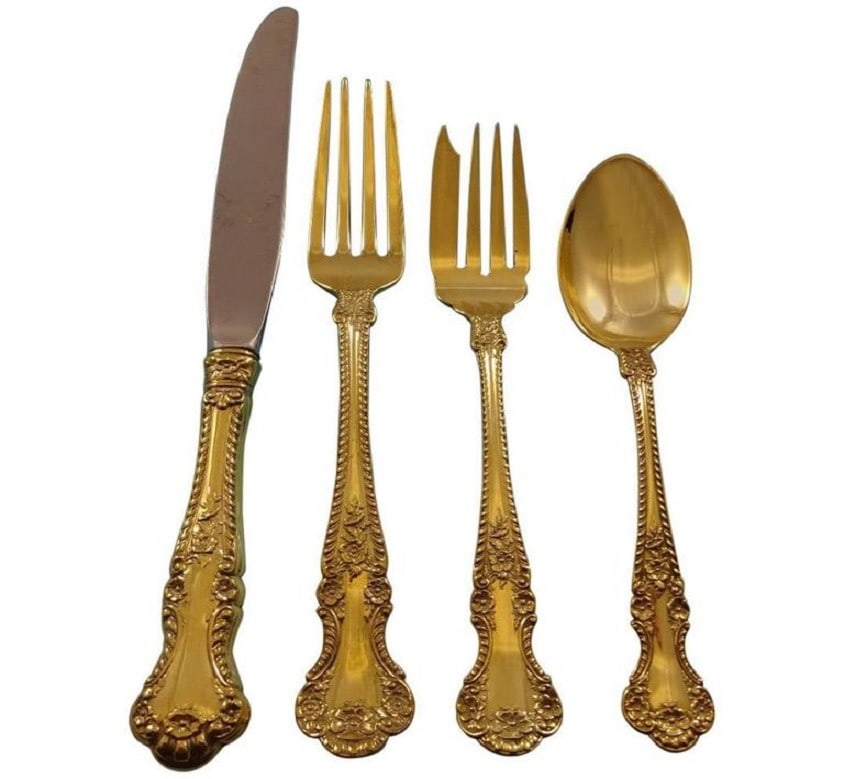 Gorham Cambridge Sterling Silver Flatware Set 48 Pieces Vermeil with Storage Chest: Gorham Cambridge Sterling Silver Flatware Set 48 Pieces Vermeil with Storage Chest Elevate your dining experience with this stunning Cambridge by Gorham Sterling Silver Flatware Set. This 48-piece set