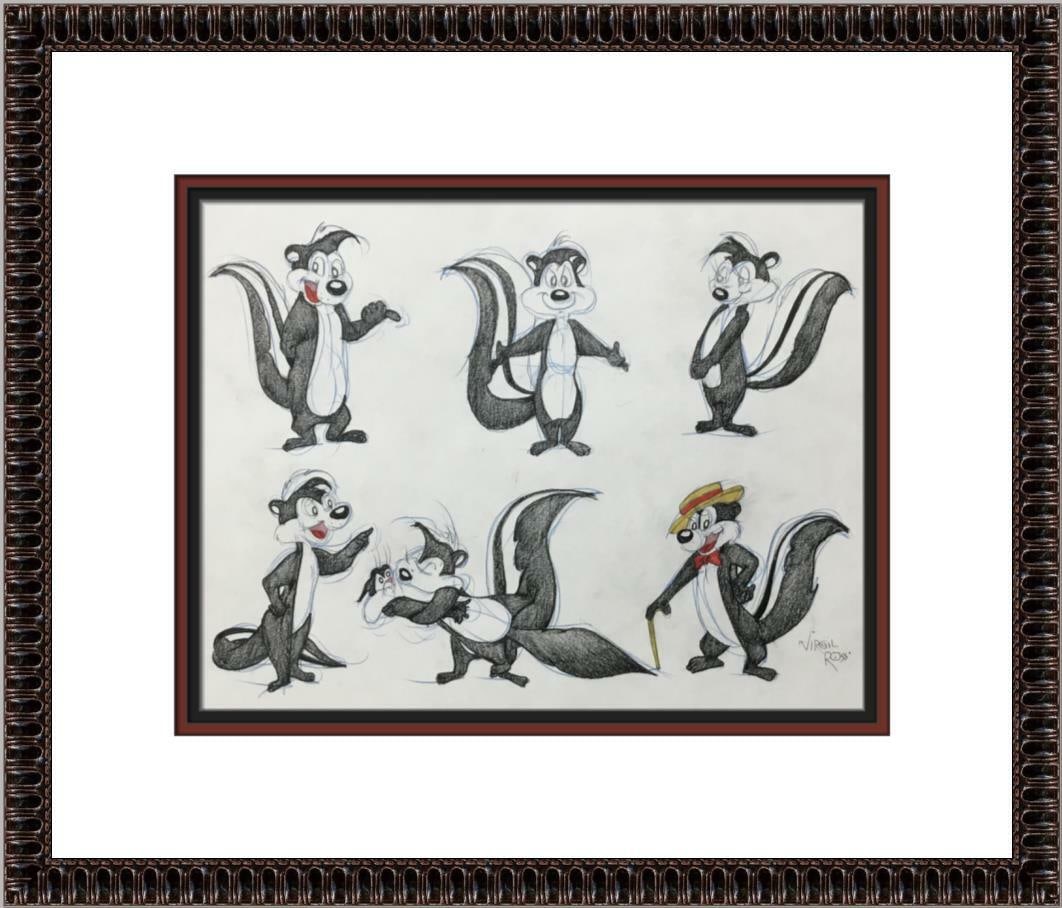 Original Signed Virgil Ross Pepe Le Pew Model Sheet Custom Framed Artwork: Original Signed Virgil Ross Pepe Le Pew Model Sheet Custom Framed Artwork This original signed model sheet drawing features the beloved Warner Bros. character, Pepe Le Pew, illustrated by legendary an